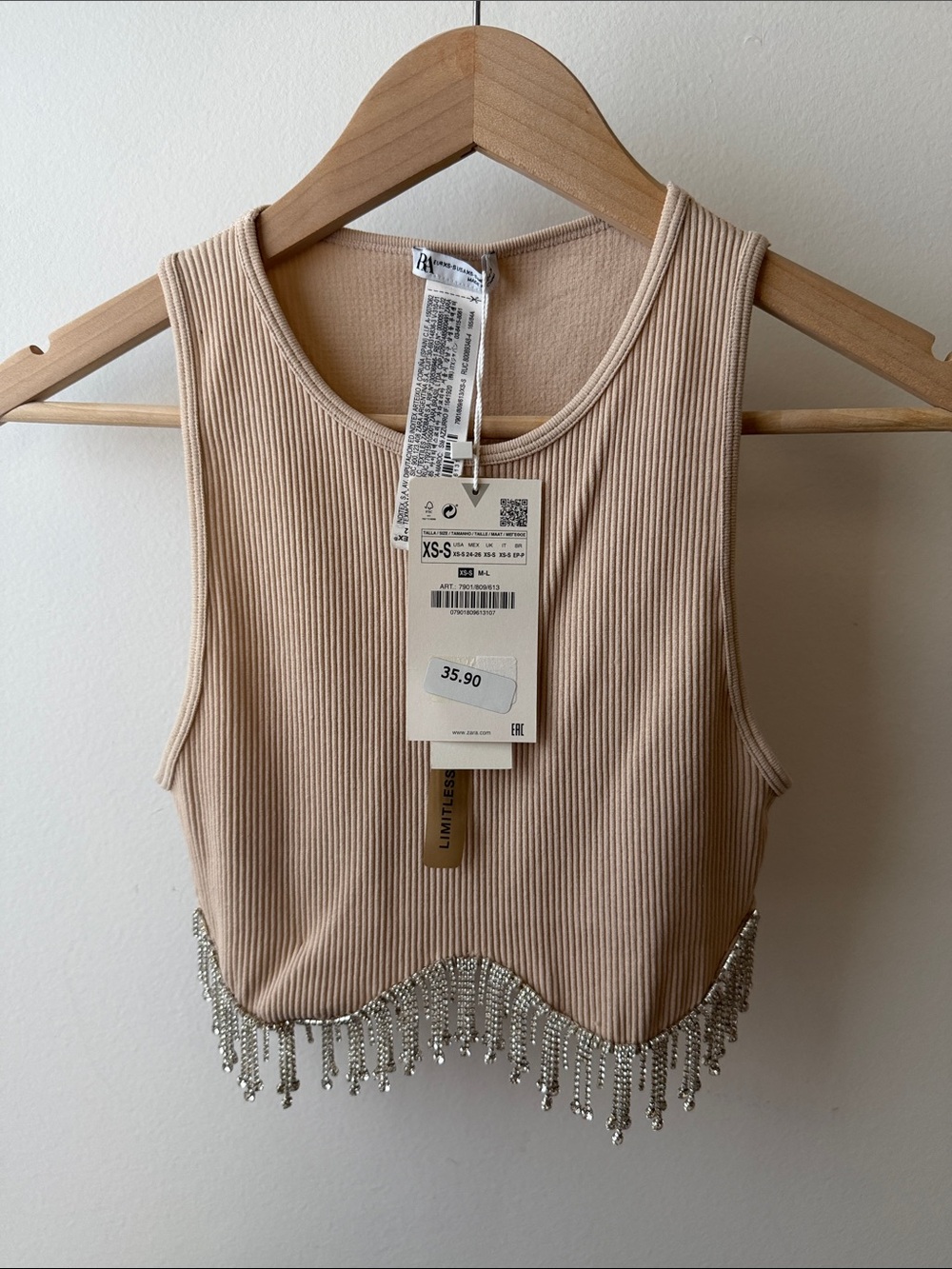 Zara Beige Ribbed Crop Tank with Crystal Fringe